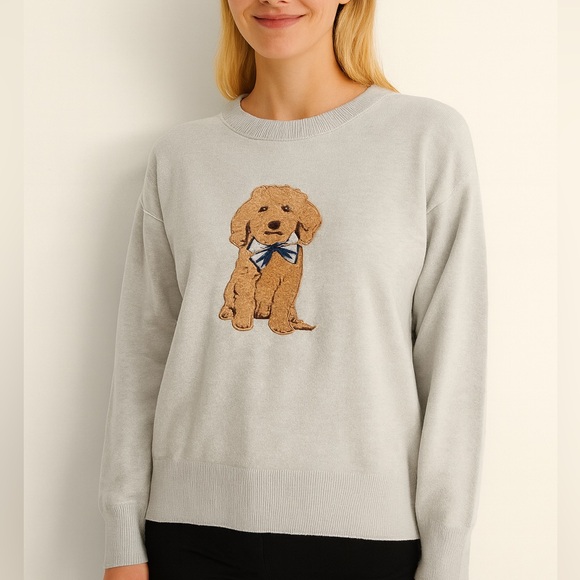 1336.Gray Sweater with Dog Embroidery Sherpa cute - Picture 2 of 2